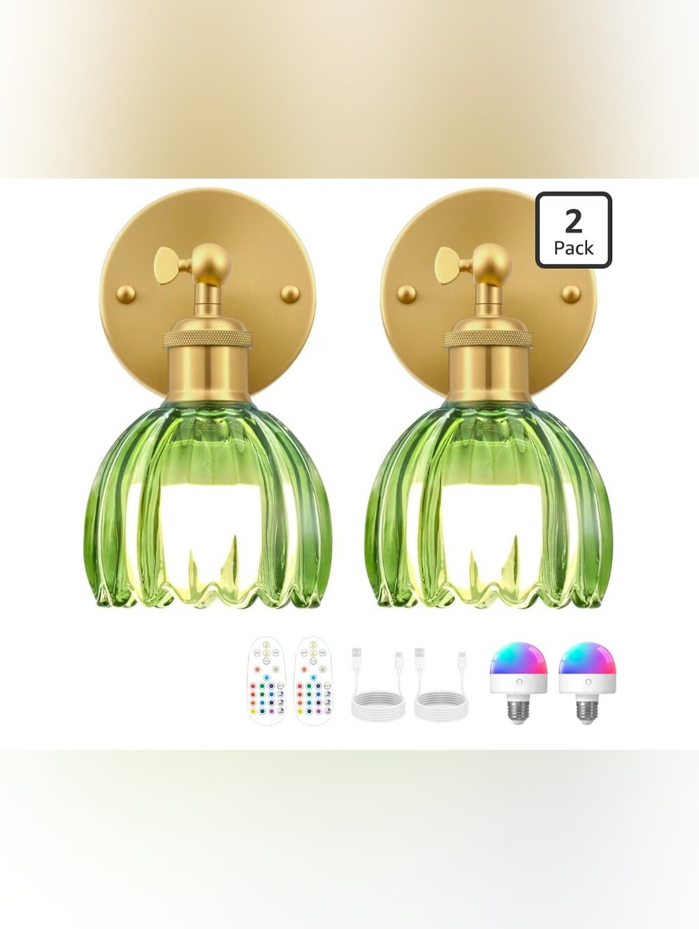 Brass and Green Glass Wall Sconce - Elegant Green Glass Home Accent Set Of 2 NIB